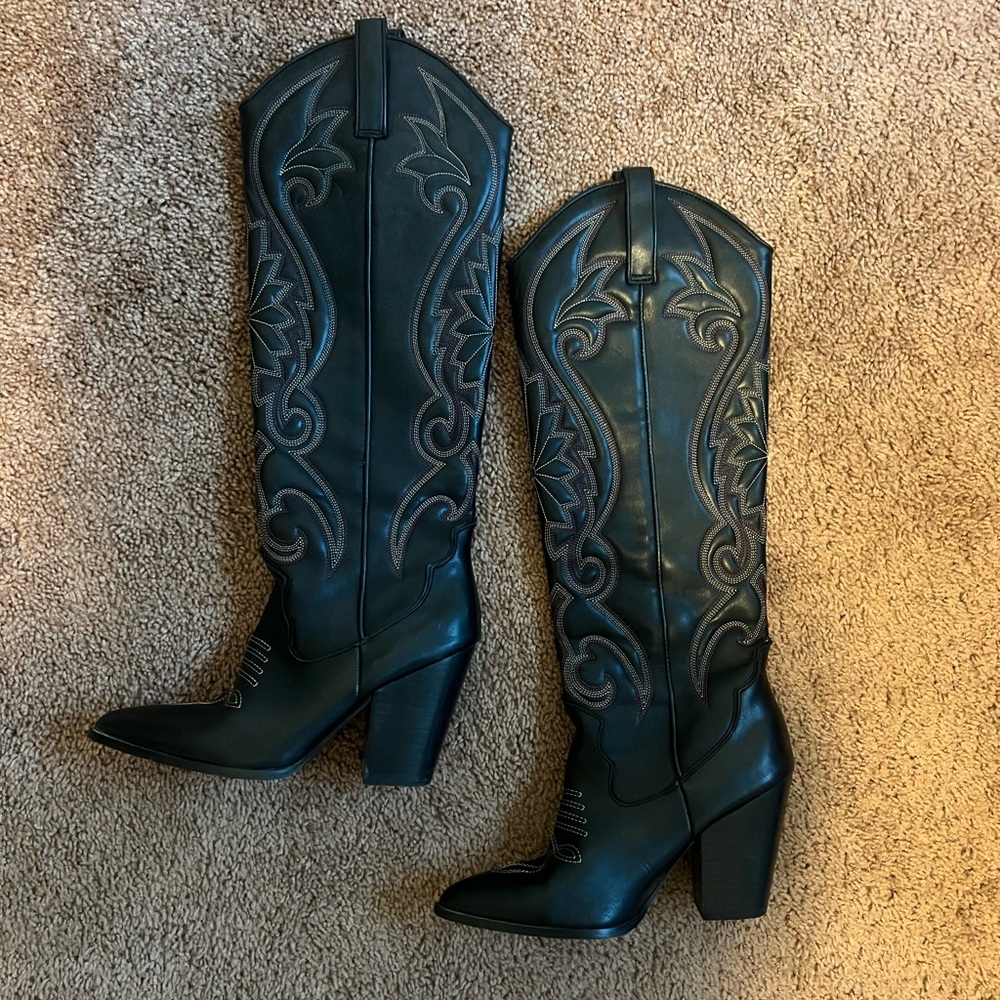 Steve Madden Black Embroidered Heeled Boots Knee High Cowboy Boots